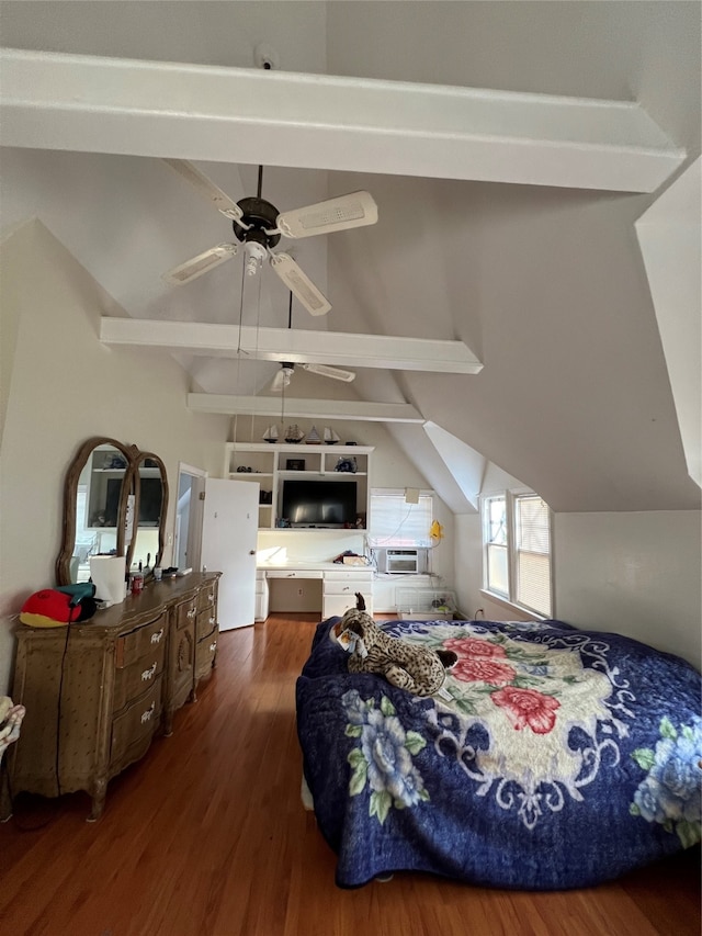 bedroom with vaulted ceiling with beams, ceiling fan, and dark hardwood / wood-style floors