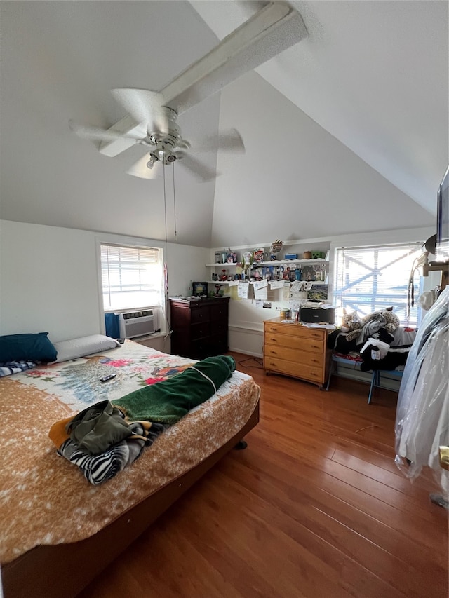 bedroom with ceiling fan, cooling unit, wood-type flooring, and vaulted ceiling