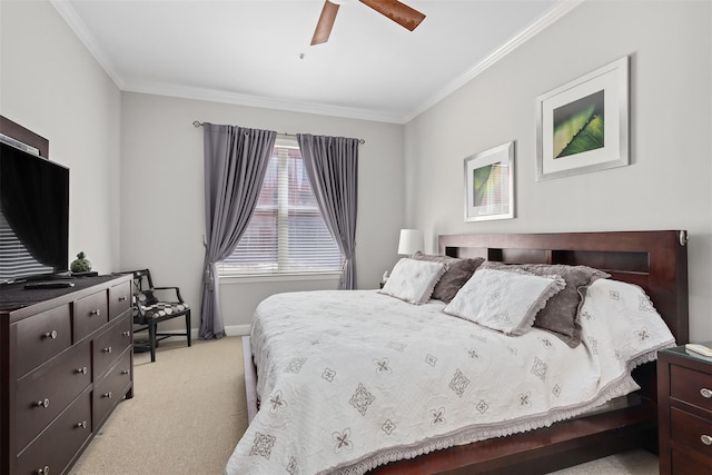 300 St Joseph Pkwy Unit 115, Houston, TX 77002 - bedroom with light colored carpet, ornamental molding, baseboards, and ceiling fan