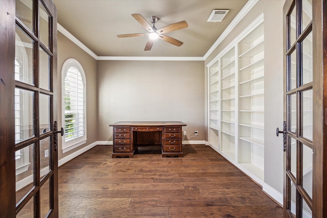 home office featuring ceiling fan, dark hardwood / wood-style flooring, french doors, and ornamental molding