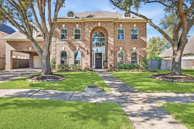 view of front of house featuring a front yard and a garage