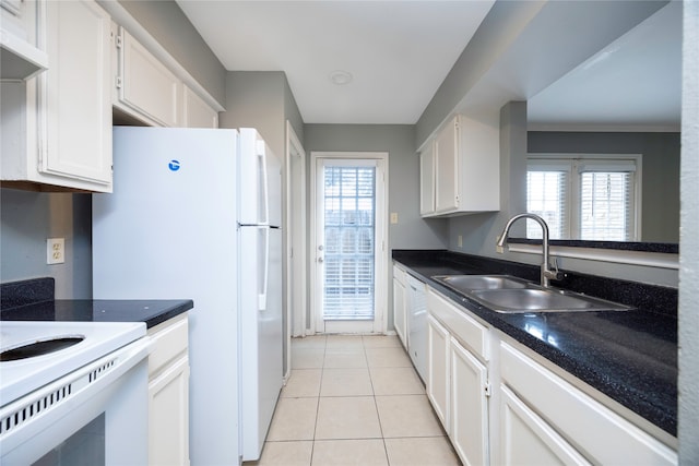 kitchen with sink, light tile patterned flooring, ventilation hood, crown molding, and white cabinets