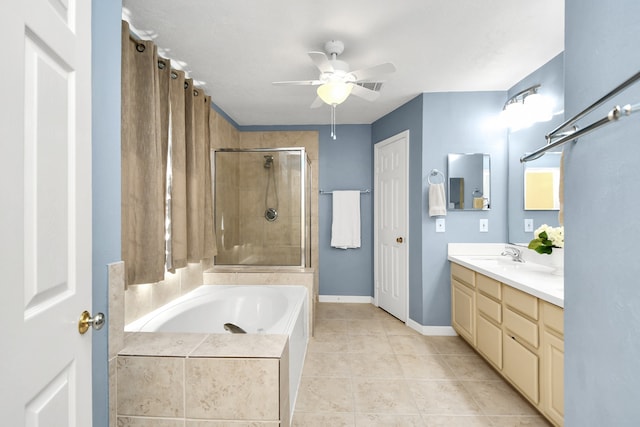 bathroom featuring tile patterned flooring, vanity, ceiling fan, and independent shower and bath