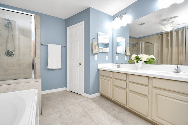 bathroom with vanity, ceiling fan, tile patterned flooring, and plus walk in shower