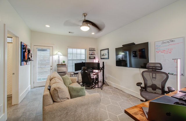 office area with ceiling fan