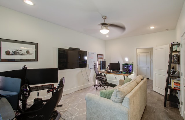 office area with ceiling fan and hardwood / wood-style flooring