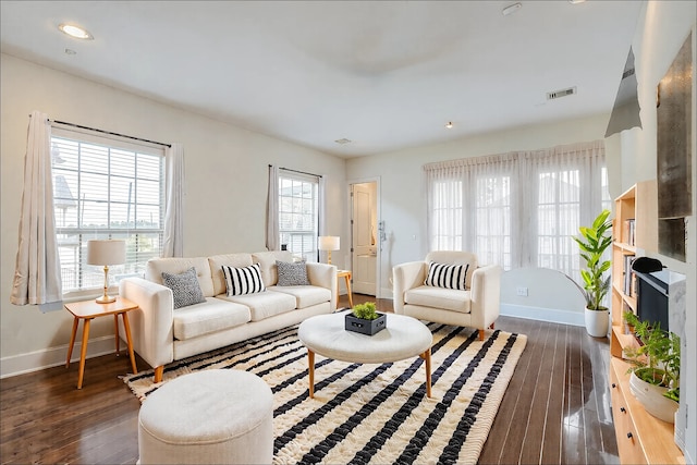 living room with dark wood-type flooring