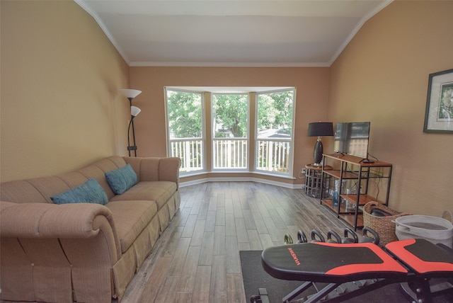 living room with hardwood / wood-style floors and ornamental molding