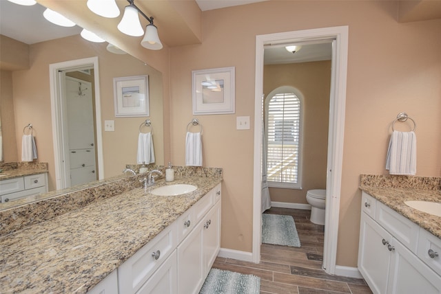 bathroom with vanity, toilet, and wood-type flooring