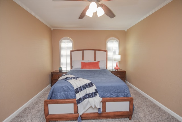 bedroom with ceiling fan, light colored carpet, and crown molding