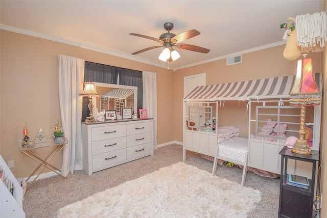 bedroom featuring ceiling fan, ornamental molding, and light carpet