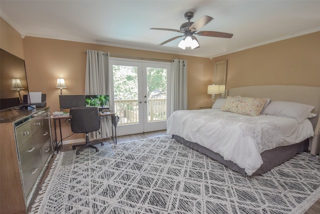 bedroom with access to outside, ceiling fan, light hardwood / wood-style floors, and ornamental molding