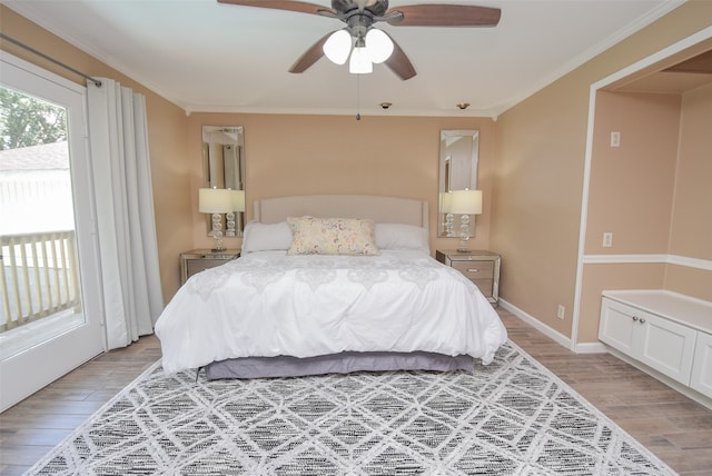 bedroom featuring access to outside, ceiling fan, light hardwood / wood-style floors, and ornamental molding