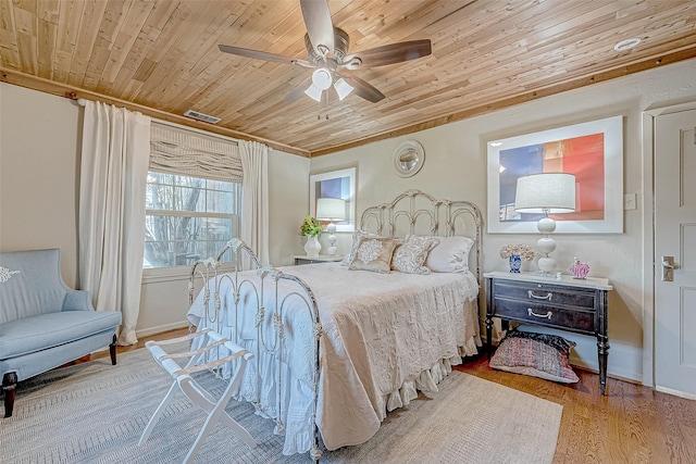 bedroom featuring light hardwood / wood-style flooring, wooden ceiling, and ceiling fan