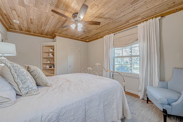 bedroom featuring ceiling fan, vaulted ceiling, ornamental molding, and wood ceiling