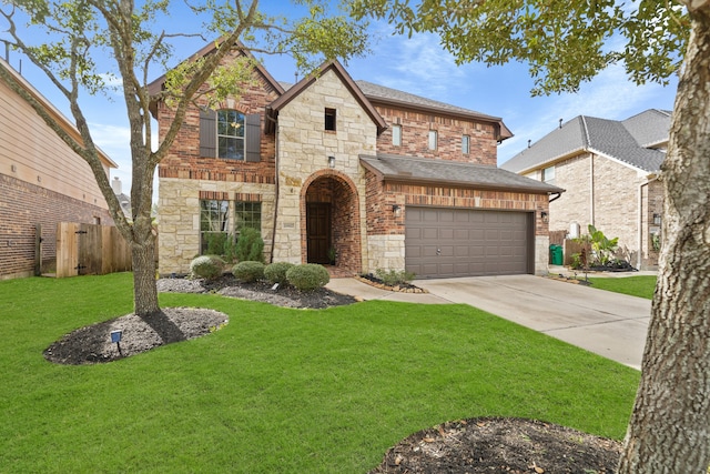 view of front of property featuring a front yard and a garage