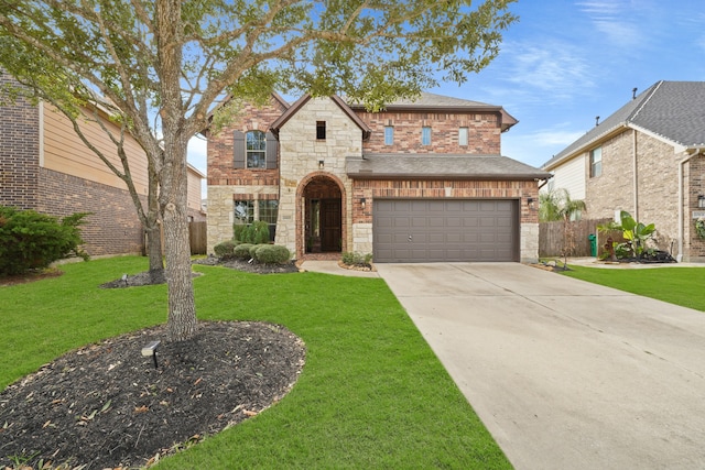 view of front of home featuring a front yard and a garage