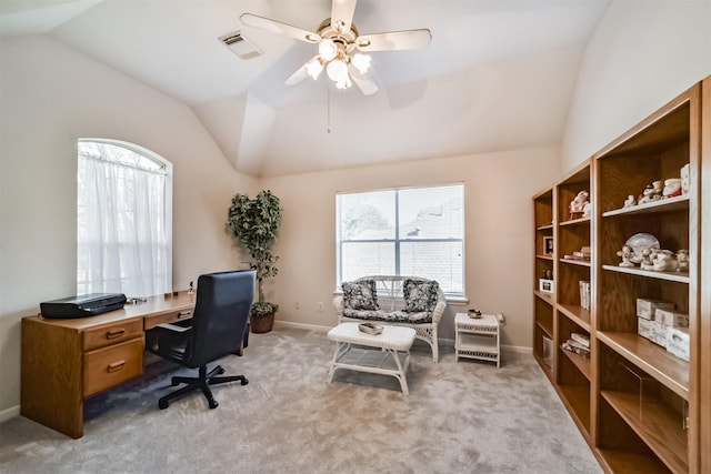 office with ceiling fan, light carpet, and vaulted ceiling