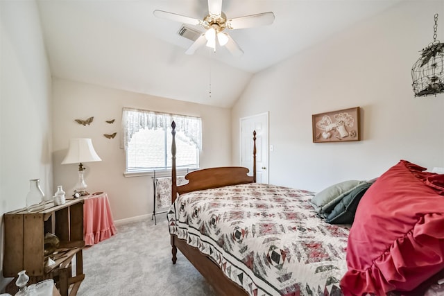 bedroom with carpet flooring, ceiling fan, and vaulted ceiling