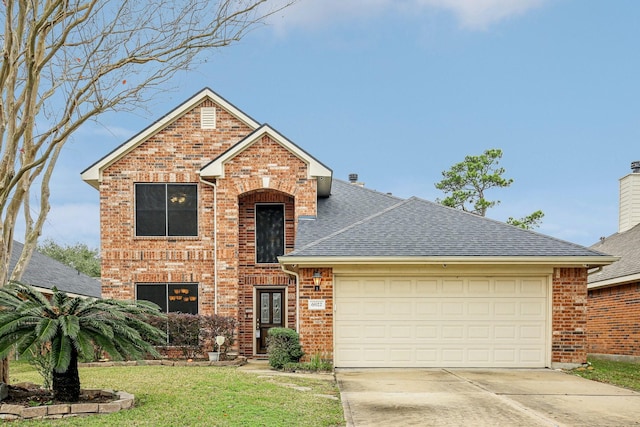 front facade featuring a front lawn and a garage