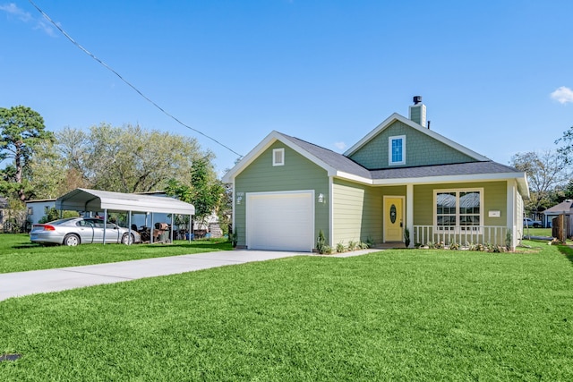 view of front of property with covered porch, a front lawn, a garage, and a carport