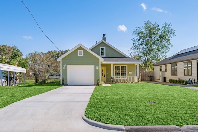 view of front of property featuring a porch, a garage, and a front yard