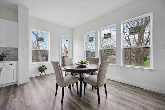 dining area with a wealth of natural light and dark wood-type flooring