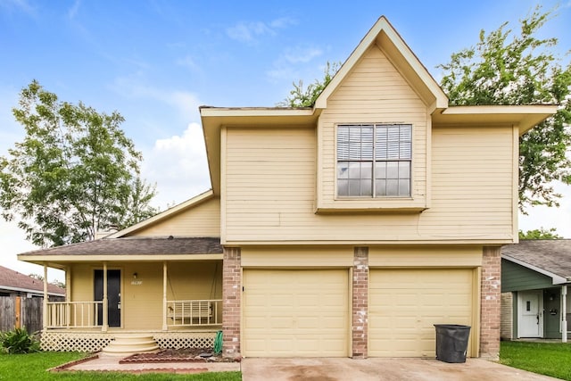 10810 Kirkbend Dr, Houston, TX 77089 - view of front facade with an attached garage, covered porch, driveway, brick siding, and roof with shingles