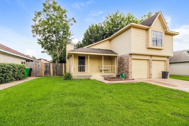 10810 Kirkbend Dr, Houston, TX 77089 - view of front of home with covered porch, brick siding, driveway, a garage, and a chimney