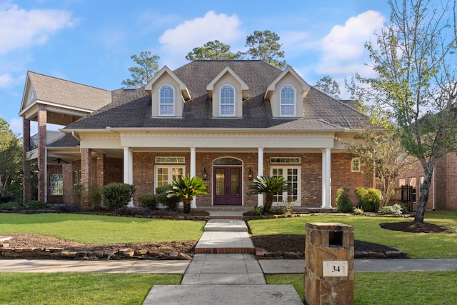 view of front of property featuring covered porch, french doors, and a front lawn