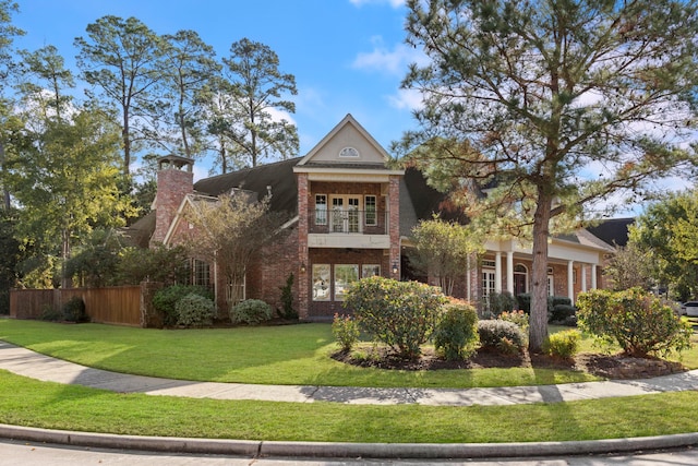 view of front of property with a balcony and a front lawn