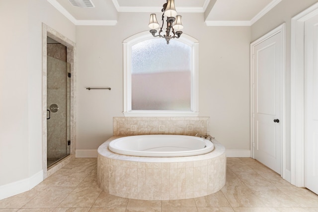 bathroom featuring crown molding, tile patterned flooring, plus walk in shower, and an inviting chandelier