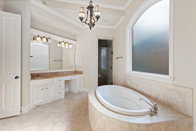 bathroom featuring vanity, crown molding, a notable chandelier, plus walk in shower, and tile patterned flooring