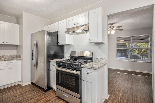 kitchen featuring dark hardwood / wood-style flooring, white cabinetry, stainless steel appliances, and range hood