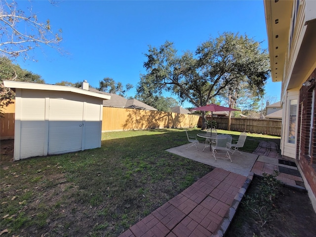 view of yard featuring a patio and a storage unit