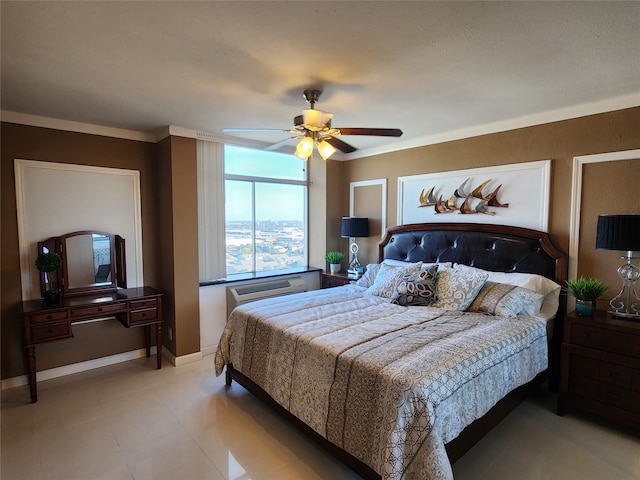 bedroom with an AC wall unit, ceiling fan, and crown molding