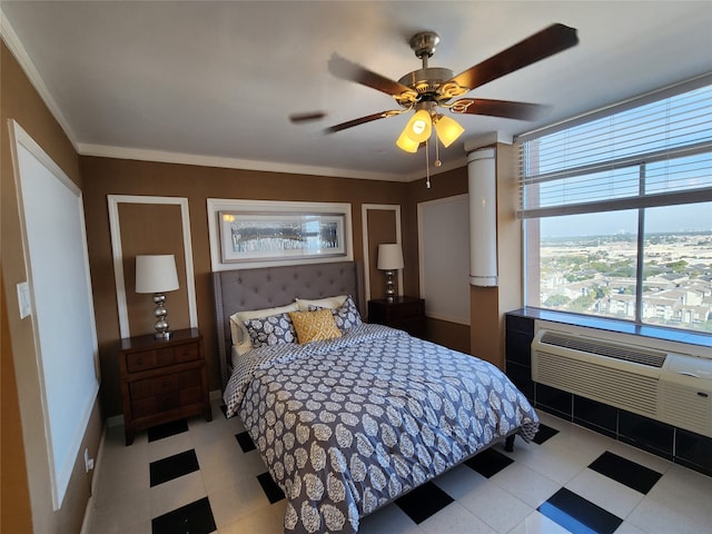 bedroom with an AC wall unit, ceiling fan, and ornamental molding