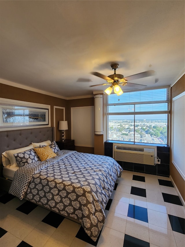 bedroom featuring a wall unit AC, ceiling fan, and crown molding