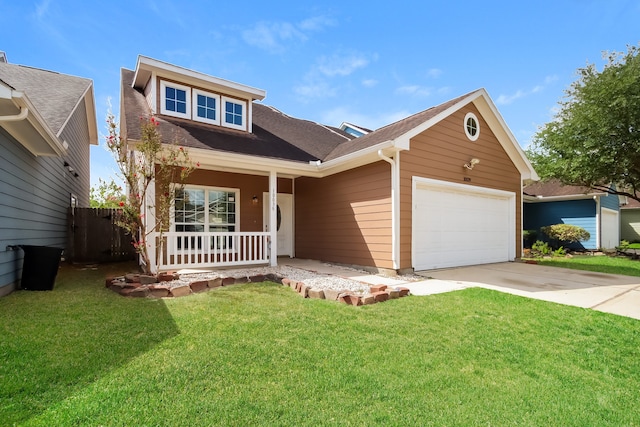 view of front of property featuring a front lawn, covered porch, and a garage