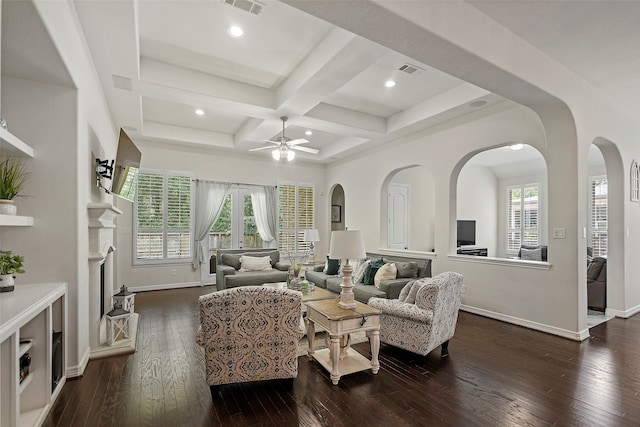 living room with beam ceiling, dark hardwood / wood-style flooring, ceiling fan, and coffered ceiling