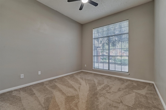 spare room with carpet flooring, a textured ceiling, plenty of natural light, and ceiling fan