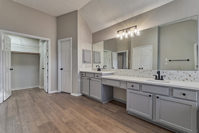 bathroom with vanity, wood-type flooring, and a textured ceiling