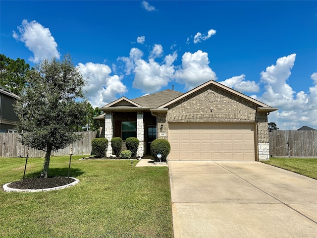 ranch-style house featuring a front lawn and a garage