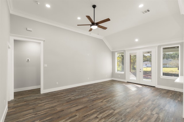 spare room with vaulted ceiling, crown molding, french doors, and dark hardwood / wood-style floors