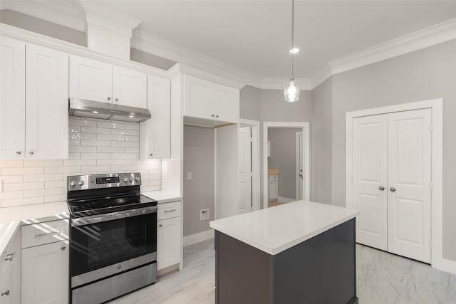 kitchen featuring ornamental molding, a kitchen island, white cabinets, stainless steel electric range oven, and hanging light fixtures