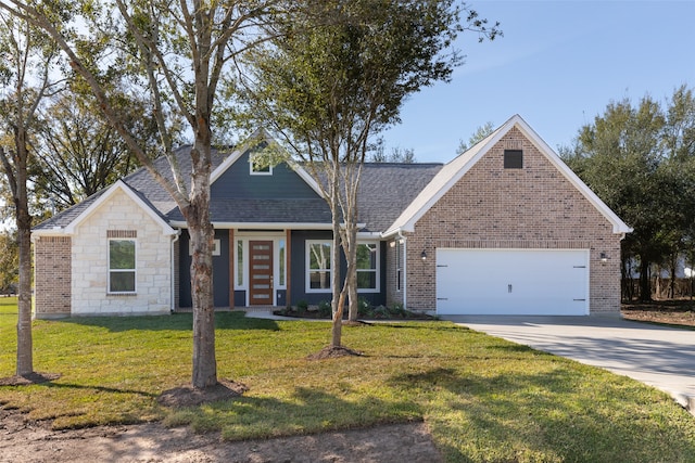 view of front facade featuring a front yard, french doors, and a garage