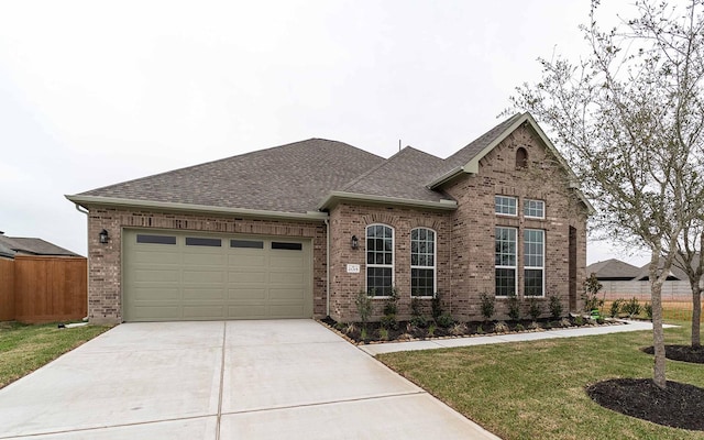 view of front of home with a garage, brick siding, a shingled roof, concrete driveway, and a front yard