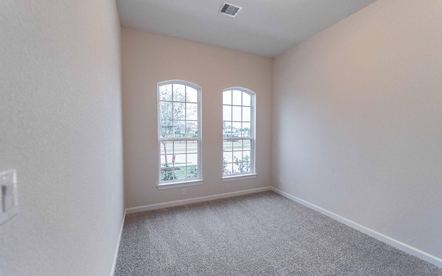 spare room with a wealth of natural light, baseboards, visible vents, and carpet flooring