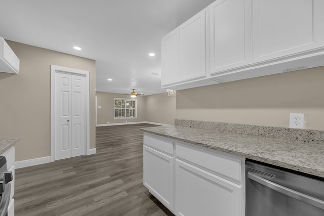 kitchen with stainless steel dishwasher, ceiling fan, white cabinetry, light stone counters, and wood-type flooring