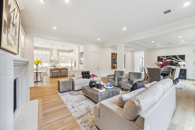 living room with light wood-type flooring and ornamental molding